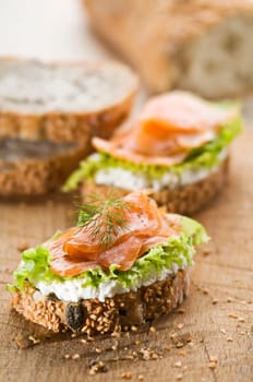 Fresh salmon snack sandwich close up shoot
