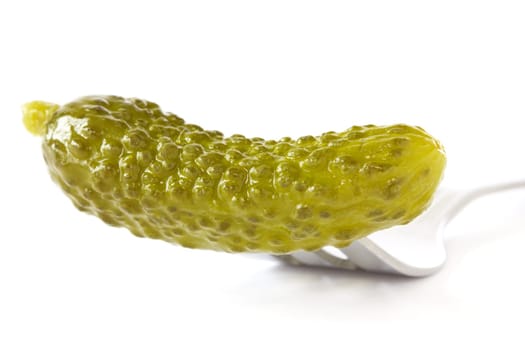 fork with pickled cucumber  on the white background