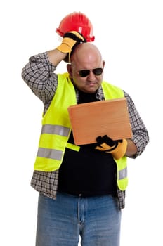 Plump construction worker isolated in white