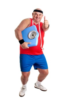 Large fitness man with weight scale isolated in white