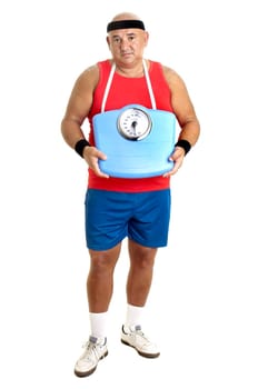 Large fitness man with weight scale isolated in white