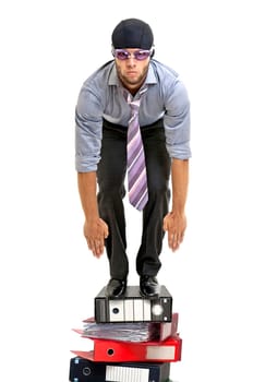 Businessman with swimming gear ready to dive