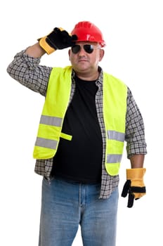 Plump construction worker isolated in white
