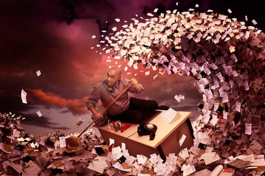 Stressed businessman in a bureaucracy sea, made of papers
