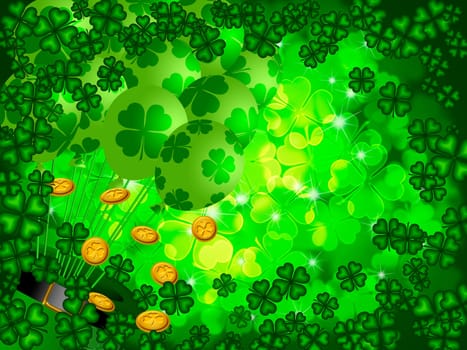 St Patricks Day Four Leaf Clover Shamrock with Leprechaun Hat and Balloons on Blurred Background Illustration