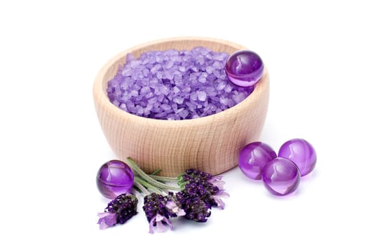 Spa essentials (bath salt, oil pearls and flowers of lavender)