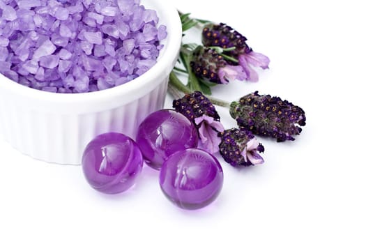 Spa essentials (bath salt, oil pearls and flowers of lavender)