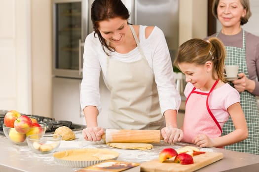 Mother and daughter making apple pie together grandmother check recipe