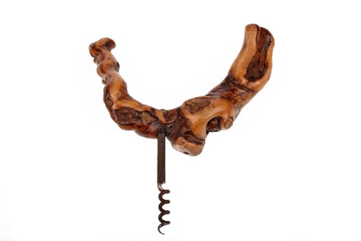 Korenzieher with burl wood handle against white background