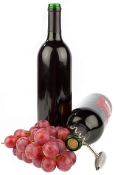 Wine bottle with corkscrew and grapes
