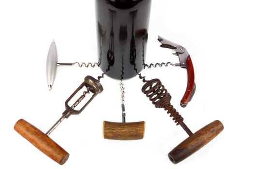 Various corkscrews placed around wine bottle