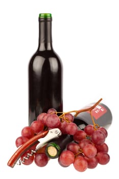 Corkscrew with grapes and a wine bottle