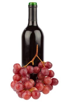 Wine bottle with grapes against white background