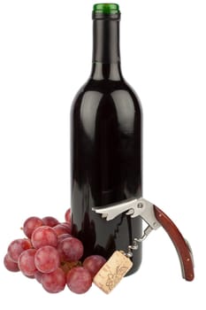Wine bottle with corkscrew and grapes
