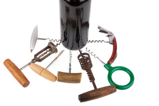 Various corkscrews placed around wine bottle