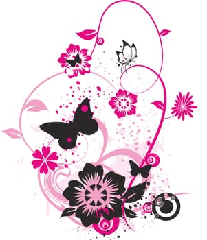 flowers and butterflies with pink circles