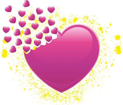 Heart that breaks up into many small hearts with splashes of yellow