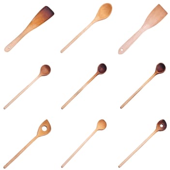 A set of nine different wooden cooking spoons