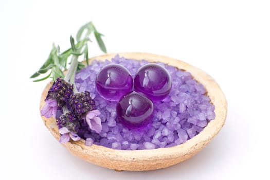 Spa essentials (bath salt, oil pearls and flowers of lavender)