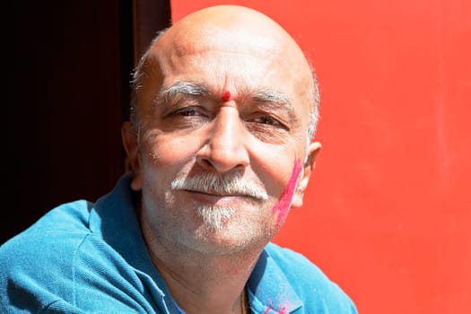 horizontal format of bald senior Indian citizen, male with vank dike beard and splashes of holi color