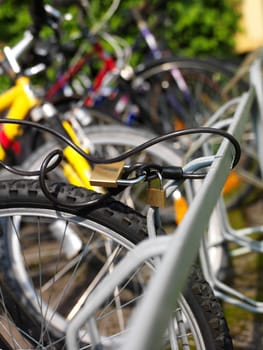 Close up of a locked bicycle