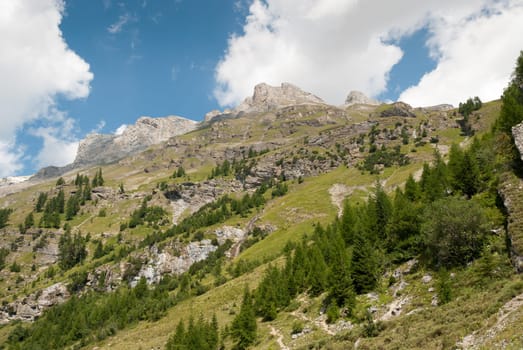Mountain on the shores of the lake in Switzerland Tseuzier