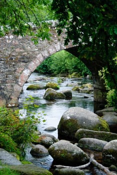 stone bridge with a river and trees on Dartmoor in Cornwall
