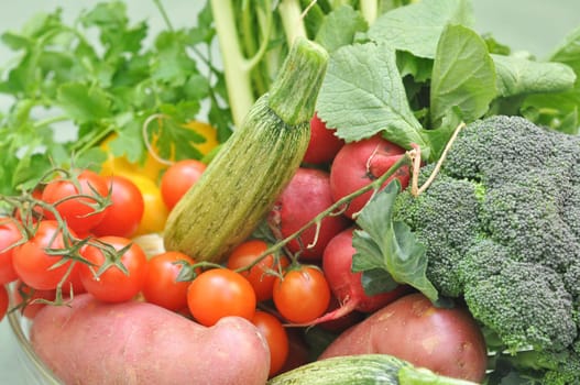 Vegetables and fruit on a supermarket shelf