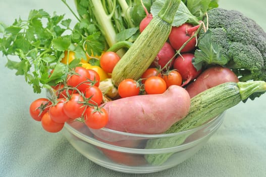 Vegetables and fruit on a supermarket shelf
