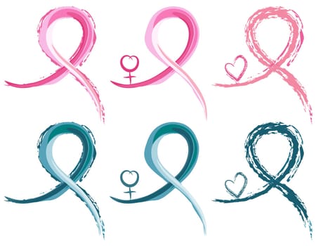 Set of six breast cancer and ovarian cancer ribbons in watercolour. With hearts and female sex symbol. Isolated over white backround.