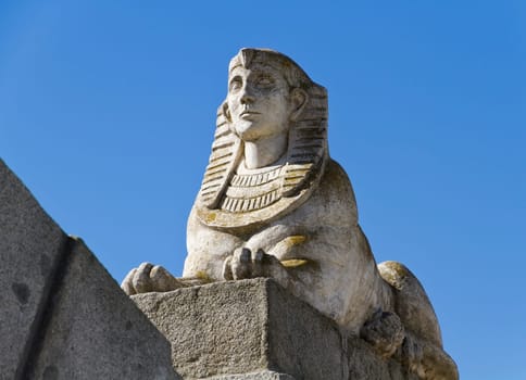 Egyptian sphinx in Park of the Pleasant Retreat (Parque del Retiro) is a huge urban park located in Madrid Spain.