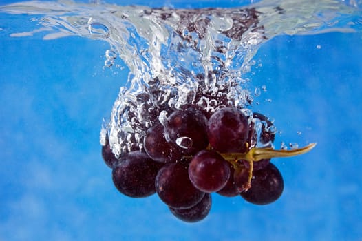Fresh grapes entering the water on a blue mosaic background