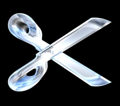 Scissor in transparent glass on black background