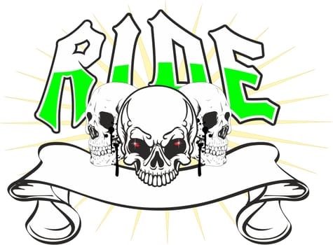 three skulls with a banner in a more pointed star and the word ride