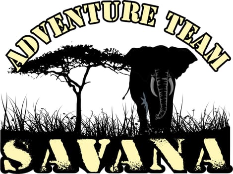 adventure team in africa in the savanna, a tree and an elephant grass
