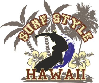 man surfing on a wave hawaii island, with trees and flowers typical of the place