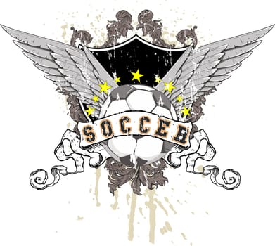 soccer ball with wings, a shield in the background with decorations and splashes of paint. Above the ball a row of stars