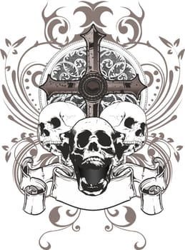 three skulls with a cross and a coat of arms surrounded by floral ornaments