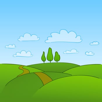 Greenish Grass and countryside hills with trees on horizon