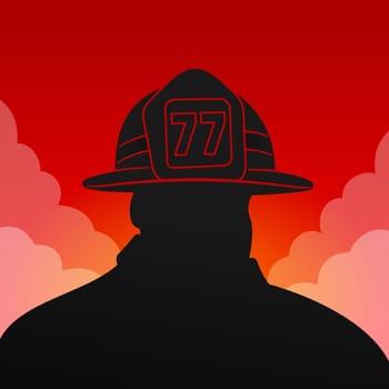 Black firefighter silhouette on red background with smoke