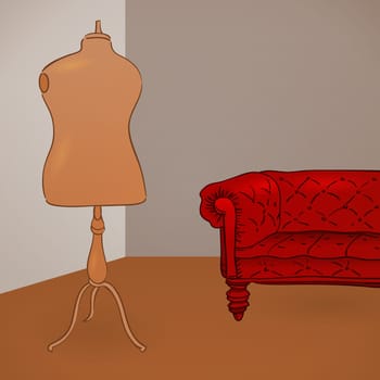 Fashion Figurine in Light Brown color and Leather Couch in Red