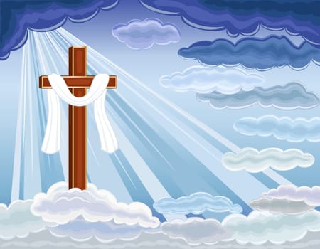 Easter religious card with the resurrection of hope and golden cross. Over blue sky.