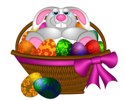 Cute Happy Easter Bunny Rabbit Laying Inside Basket of Colorful FLoral Pattern Eggs Illustration Isolated on White Background