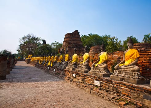 Buddha statues at the temple of Wat Yai Chai Mongkol in Ayutthaya near Bangkok, Thailand