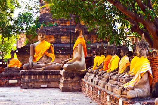 Buddha statues at the temple of Wat Yai Chai Mongkol in Ayutthaya near Bangkok, Thailand