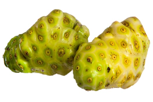 two noni fruit on white background