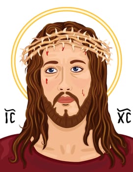 Religious Icon - portrait of Jesus Christ wearing the crown of thorns. With Greek sacred Christogram, isolated over white background.