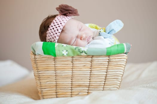 Portrait of a cute newborn baby girl sleeping in a basket