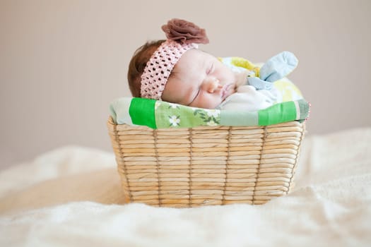 Portrait of a cute newborn baby girl sleeping in a basket