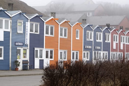 Lobster shacks on Heligoland in the fog